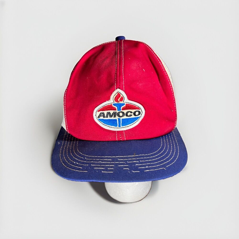 Vtg Amoco Trucker Hat Snapback Mesh Patch K-Brand Oil Cap 80 Red White Blue
